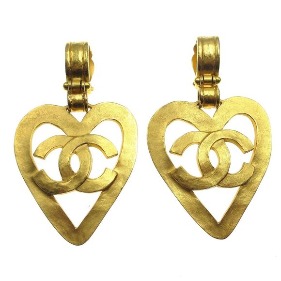 Chanel Heart Dangle Earrings Clip-On Gold 95P - Picture 1 of 7